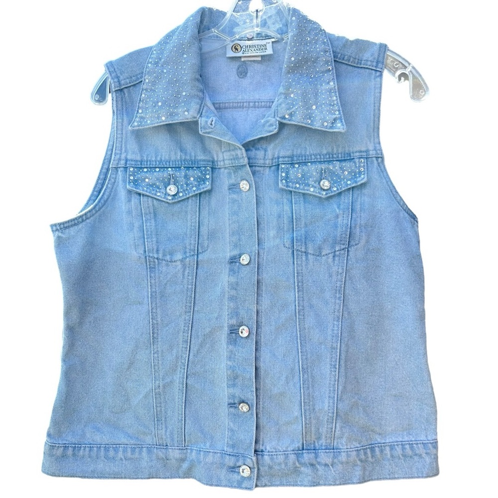 Vintage 90s Rhinestone Embellished Blue Jean Denim Vest - Women's Size Small